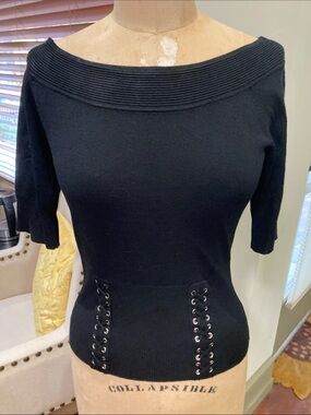 Black Lace-Up Waist Boatneck Sweater